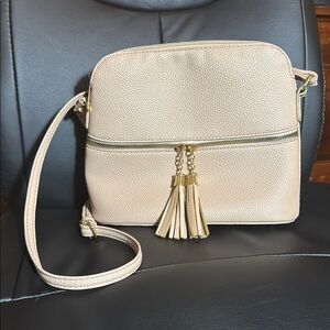 Beige Crossbody Adjustable Strap Tassel Zipper Pocket Handbag